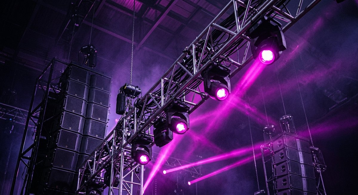 Rangkaian lampu sorot dan susunan speaker panggung memancarkan berkas cahaya magenta